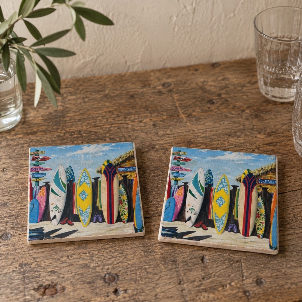 Vintage Ceramic Surfboard Coasters Beach Tiki Coastal Home Decor 2pc